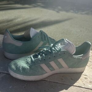 Adidas Light Green Suede Sneakers with White Stripes